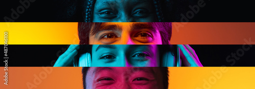 Collage. Portraits of human eyes of young people, men and oeman, placed in narrow stripes isolated over multicolored neon backgrounds.