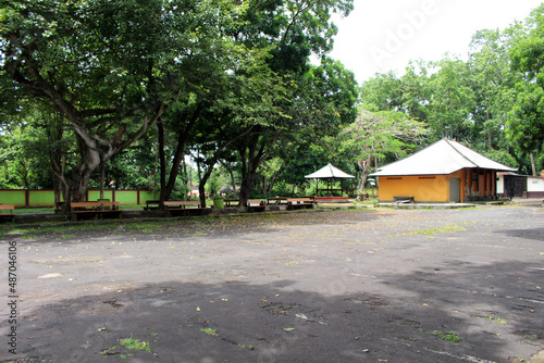 Empty parking lot and monkeys around Alas Kedaton complex during pandemic. Taken in January 2022