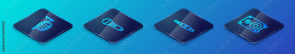 Set Isometric line Audio jack, Trumpet, Stereo speaker and Microphone icon. Vector Set Isometric line Audio jack, Trumpet, Stereo speaker and Microphone icon. Vector
