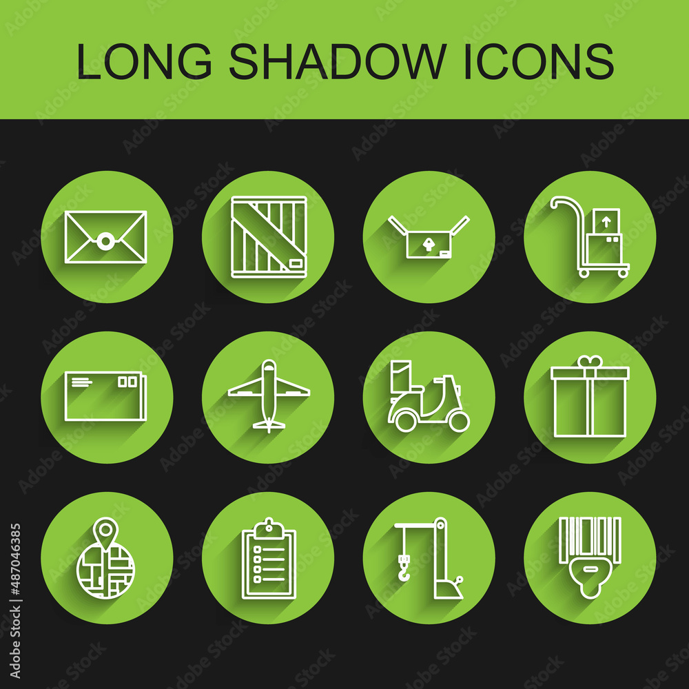 Set line , Verification of delivery list clipboard, Envelope, Harbor port crane, Scanner scanning bar code, Plane, Gift box and Scooter icon. Vector Set line , Verification of delivery list clipboard, Envelope, Harbor port crane, Scanner scanning bar code, Plane, Gift box and Scooter icon. Vector