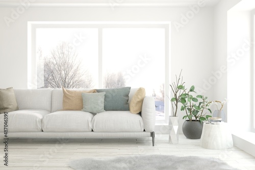 White living room with sofa and winter landscape in window. Scandinavian interior design. 3D illustration
