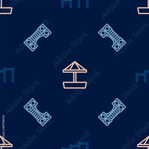Set line Sport horizontal bar, Playground kids bridge and Sandbox with sand on seamless pattern. Vector