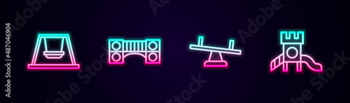 Set line Swing for kids, Playground bridge, Seesaw and Slide playground. Glowing neon icon. Vector
