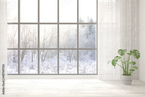 Mock up of empty room in white color with winter landscape in window. Scandinavian interior design. 3D illustration