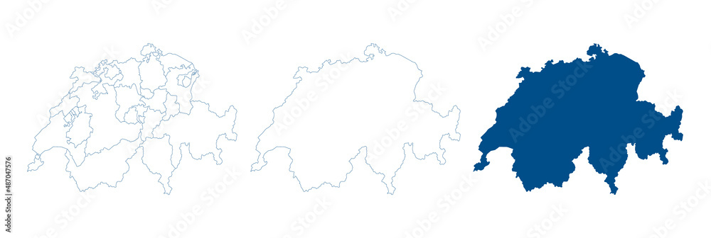 Switzerland map vector. High detailed vector outline, blue silhouette and administrative divisions map of Switzerland. All isolated on white background. Template for website, design, cover.