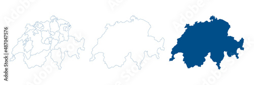 Switzerland map vector. High detailed vector outline, blue silhouette and administrative divisions map of Switzerland. All isolated on white background. Template for website, design, cover.