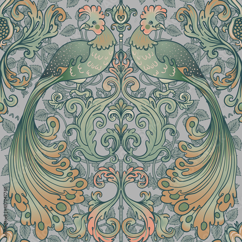 Floral vintage seamless pattern wit birds for retro wallpapers. Enchanted Vin...