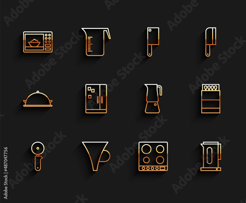 Set line Pizza knife, Funnel or filter, Microwave oven, Gas stove, Kettle with handle, Refrigerator, Open matchbox matches and Moka pot icon. Vector
