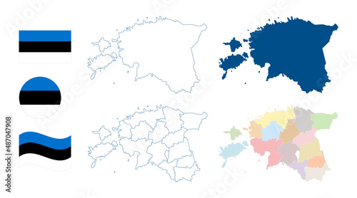 Estonia map. Detailed blue outline and silhouette. Administrative divisions and counties. Country flag. Set of vector maps. All isolated on white background. Template for design and infographics.