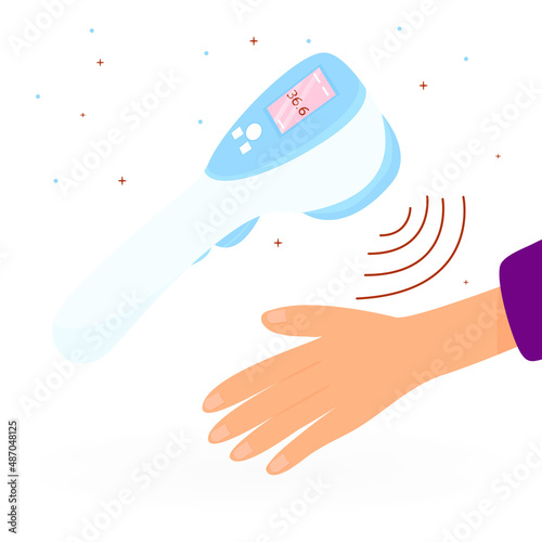 Measurement of body temperature and health. Non Contact Infrared Thermometer gun. Vector illustration isolated on a white background.
