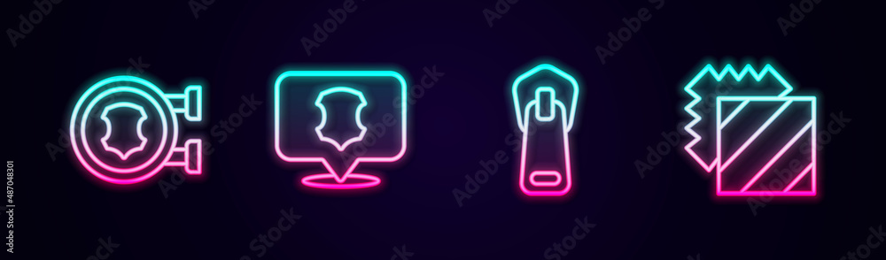 Set line Leather, Zipper and Layers clothing textile. Glowing neon icon. Vector Set line Leather, Zipper and Layers clothing textile. Glowing neon icon. Vector