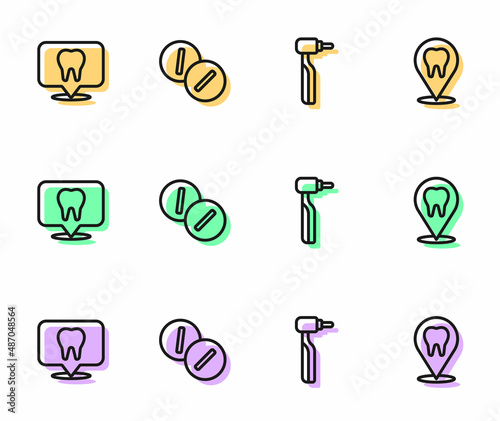 Set line Tooth drill, Dental clinic location, Toothache painkiller tablet and icon. Vector