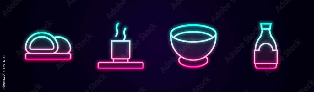 Set line Sushi, Cup of tea, Soy sauce in bowl and bottle. Glowing neon icon. Vector Set line Sushi, Cup of tea, Soy sauce in bowl and bottle. Glowing neon icon. Vector