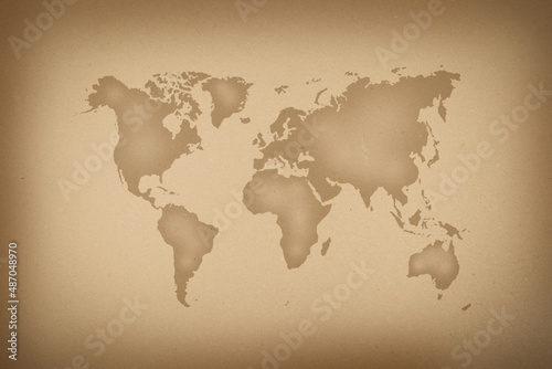 World map on an old paper texture background. Design retro nautical template for marine theme border frame.