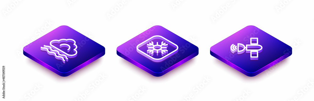 Set Isometric line Fog and cloud, Snowflake and Satellite icon. Vector Set Isometric line Fog and cloud, Snowflake and Satellite icon. Vector