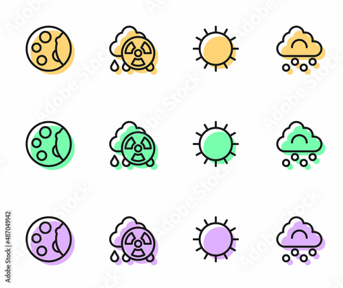 Set line Sun, Moon phases, Acid rain radioactive cloud and Hail icon. Vector