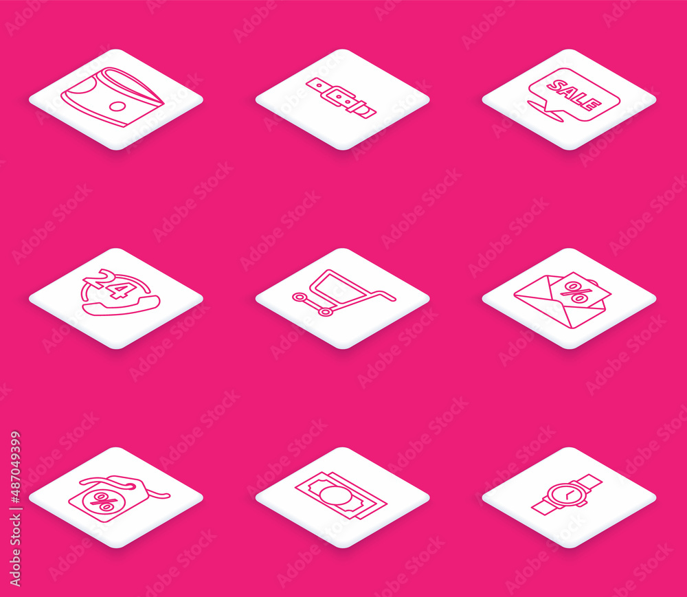 Set line Stacks paper money cash, Leather belt, Hanging sign with Sale, Telephone 24 hours support, Shopping cart, Envelope interest discount, Discount percent tag and icon. Vector Set line Stacks paper money cash, Leather belt, Hanging sign with Sale, Telephone 24 hours support, Shopping cart, Envelope interest discount, Discount percent tag and icon. Vector