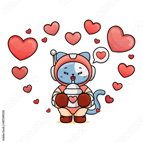 celebrating valentine's day, illustration of a cute cat wearing spacesuit, cartoon in kawaii style, illustration of heart with outlines, kitten holding tumbler and drinking it, love bg