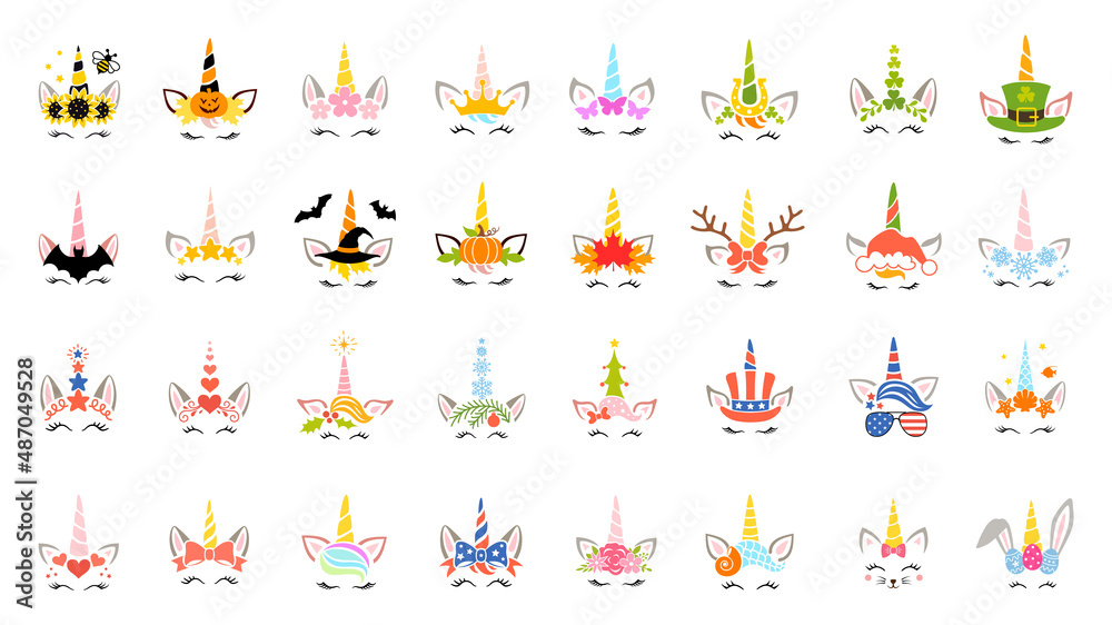 Kids design with unicorn head. Set of vector girly illustration. Thematic unicorn faces for all national holidays.