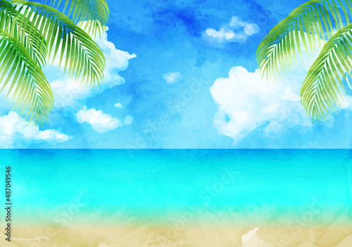 青空と海とヤシの木の水彩イラスト背景(休日,バカンス,リゾート,夏,旅行,バカンス,ココナッツ,サマータイム)