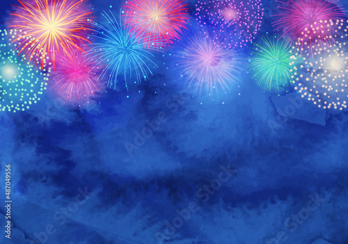 水彩の打ち上げ花火のベクターイラスト背景(暑中見舞い)