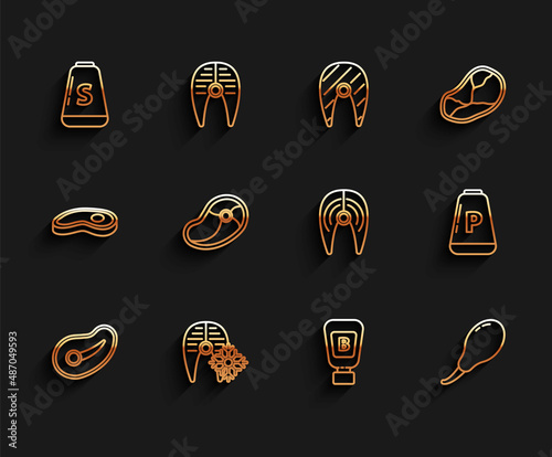 Set line Steak meat, Fresh frozen fish steak, Salt, Sauce bottle, Chicken leg, Pepper and Fish icon. Vector