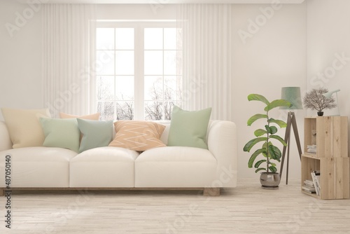 White living room with sofa. Scandinavian interior design. 3D illustration