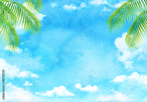 水彩の青空とヤシの木の南国なベクターイラスト背景(リゾート,夏,旅行,バカンス,ココナッツ,サマータイム)