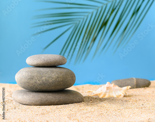 Summer composition with natural stones and shell on sand on a blue background
