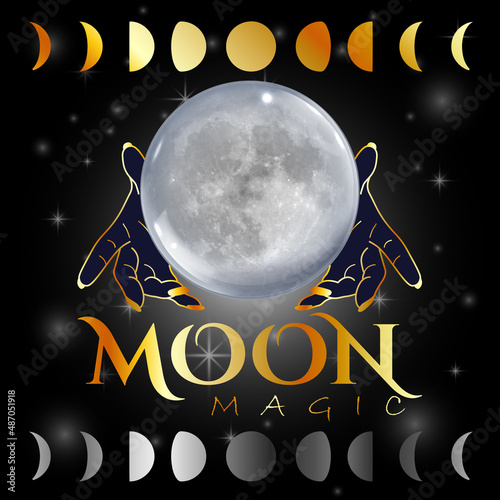 Moon magic womans hands on a third eye reading crystal ball