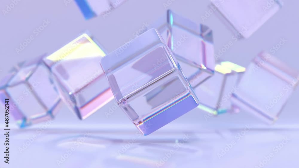 Crystal cubes or blocks on purple abstract geometry background, refraction effect of rays in glass. Rainbow clear square boxes in dispersion light, modern iridescent wallpaper, 3d render animation