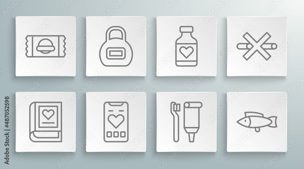 Set line Medical book, Kettlebell, Mobile with heart rate, Toothbrush and toothpaste, Fish, Vitamin pill, No Smoking and Sports nutrition icon. Vector Set line Medical book, Kettlebell, Mobile with heart rate, Toothbrush and toothpaste, Fish, Vitamin pill, No Smoking and Sports nutrition icon. Vector