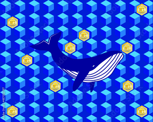 A vector of humpback whale swimming in the blockchain and NFT sign. Follow the whale in non fungible token.