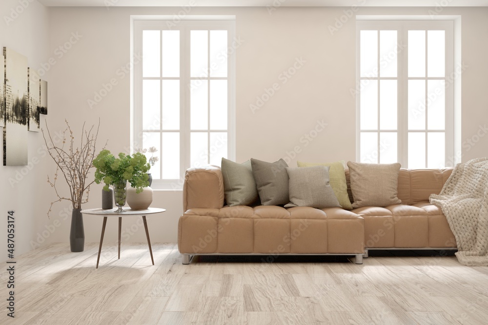 Fototapeta premium Modern living room in white color with sofa. Scandinavian interior design. 3D illustration