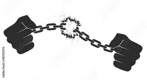 Male hands breaking steel chain handcuffs. Freedom concept. Liberation from slavery. Flat vector illustration isolated on white background.