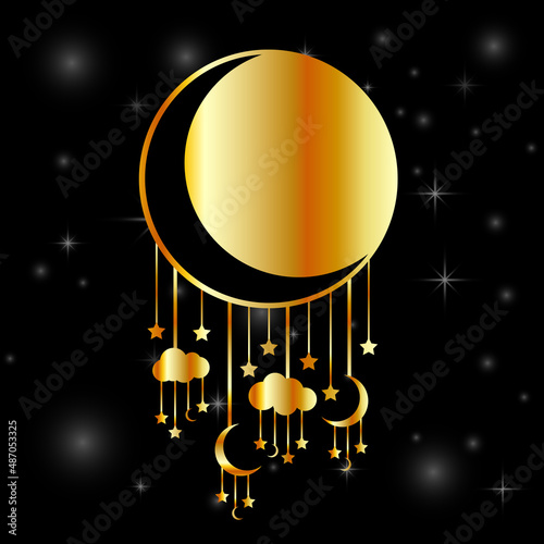 Golden night sky and moon dreamcatcher in gold