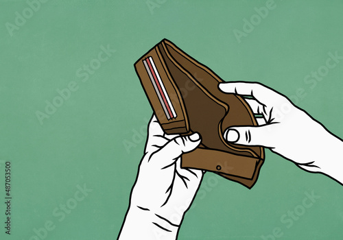POV hands opening empty wallet on green background
