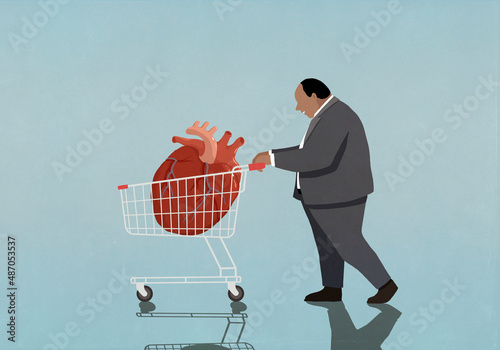 Overweight businessman pushing shopping cart with enlarged heart
