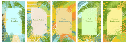 Summer background with tropical palm leaves and abstract texture. Set of frames for social posts on internet networks. Template for advertising, sale, flyer, banner. Jungle, tropics, nature theme.  © Lyudmyla