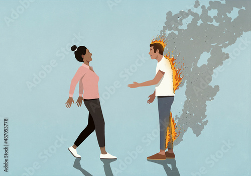 Oblivious man on fire greeting surprised woman with handshake
 photo