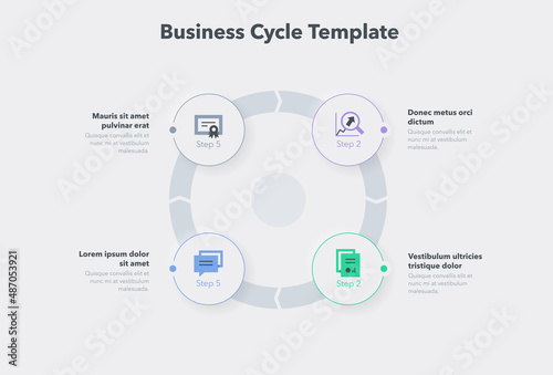 Simple concept for business cycle diagram with four steps and place for your description. Flat infographic design template for website or presentation.