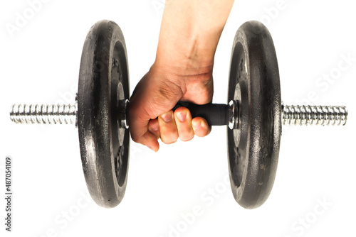 Hand with dumbbell isolated on a white background. Lifting weights. Exercise and strength.