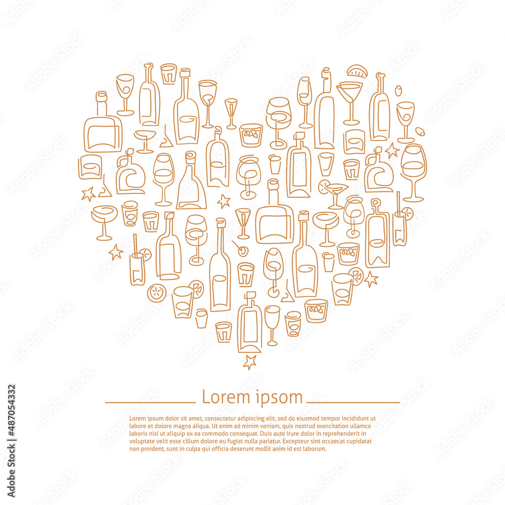 Wine, bottle, glass and drinks shaped in heart vector illustration