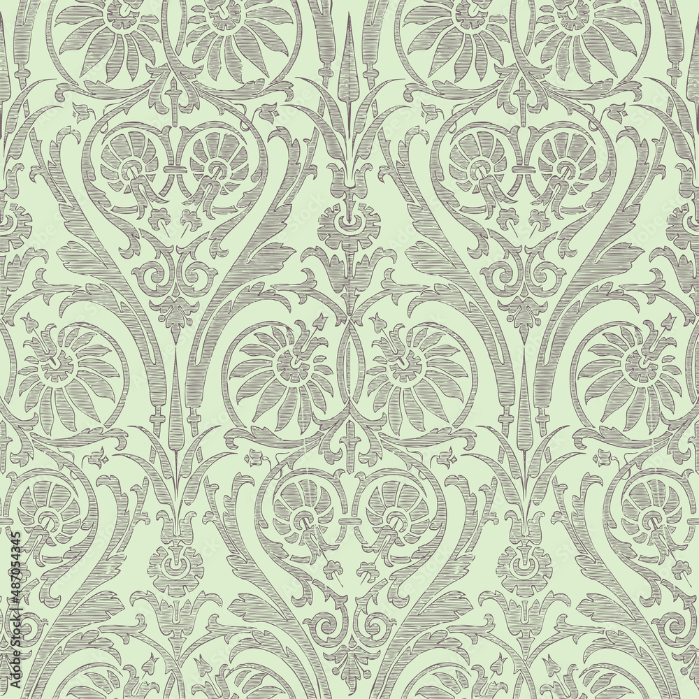 Floral Damask seamless pattern. Vintage filigree background, repeating outline grey flowers foliage. Victorian fashion decor. Antique ornament wallpaper, fabric, wrapping paper. Vector illustration