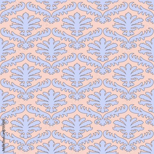 Floral Damask seamless pattern. Vintage baroque background, repeating outline pink flowers foliage. Victorian fashion decor. Antique ornament wallpaper, fabric, wrapping paper. Vector illustration © cosveta