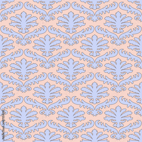 Floral Damask seamless pattern. Vintage baroque background, repeating outline pink flowers foliage. Victorian fashion decor. Antique ornament wallpaper, fabric, wrapping paper. Vector illustration