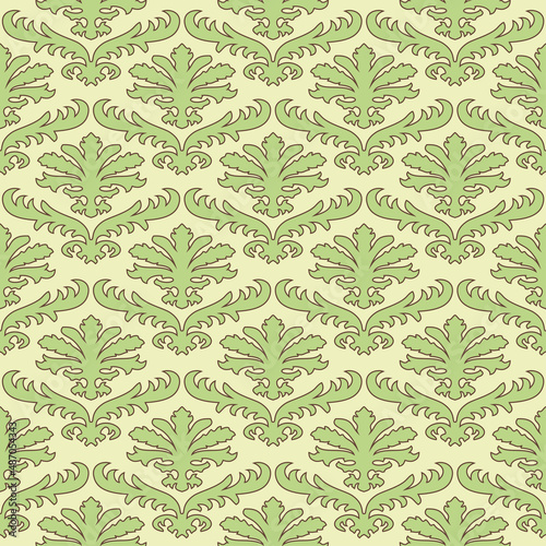 Floral Damask seamless pattern. Vintage baroque background, repeating outline green flowers foliage. Victorian fashion decor. Antique ornament wallpaper, fabric, wrapping paper. Vector illustration