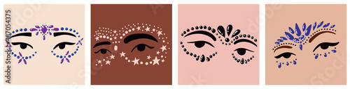 A set of woman eyes with creative crystal makeup. Gems and glitter around the eyes. Festival or everyday be jeweled style.