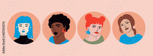 Set of women with different kind of beauty. Girls with various hair and skin colors, nationalities. Happy international women's day. 