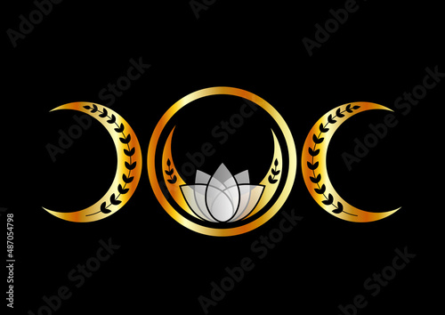 Golden triple moon fertility symbol with moons lotus and vines